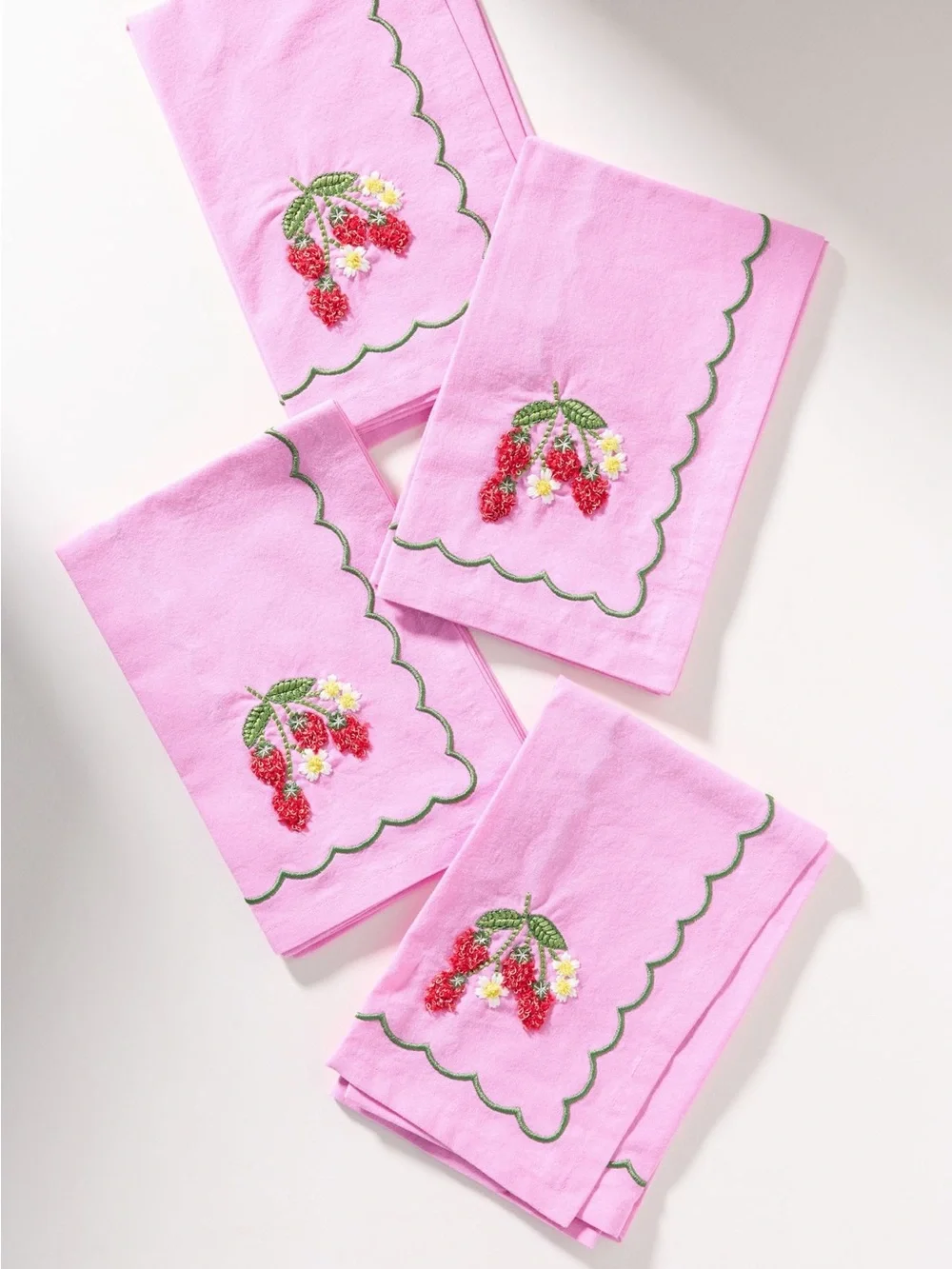 Anthropologie Pink Floral Embroidered Linen Napkins with Green Scallop Set of 4